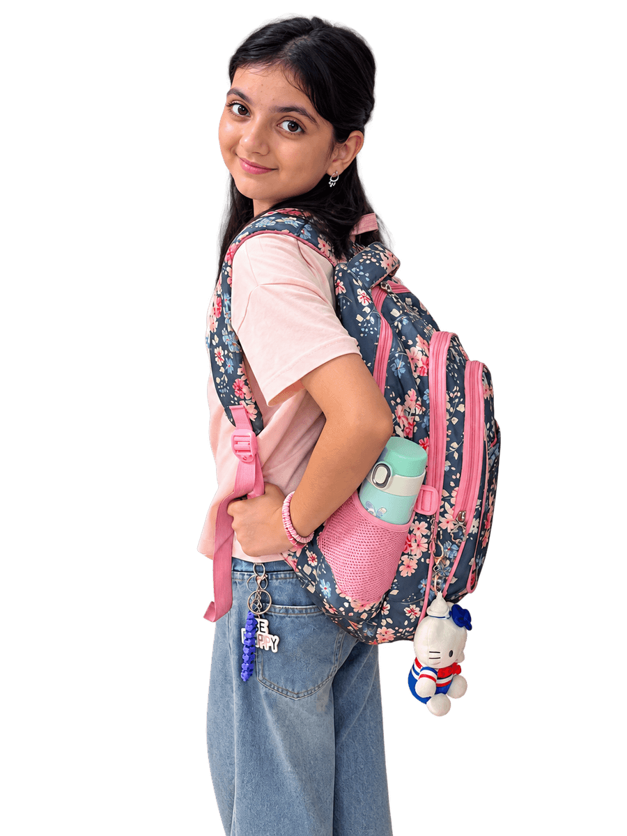 Young student with floral backpack smiling over her shoulder