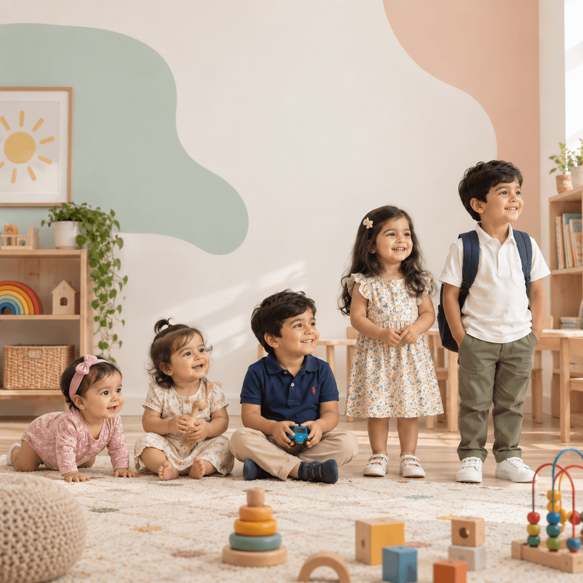 Colorful educational wooden toys, stacking pyramids and activity packs