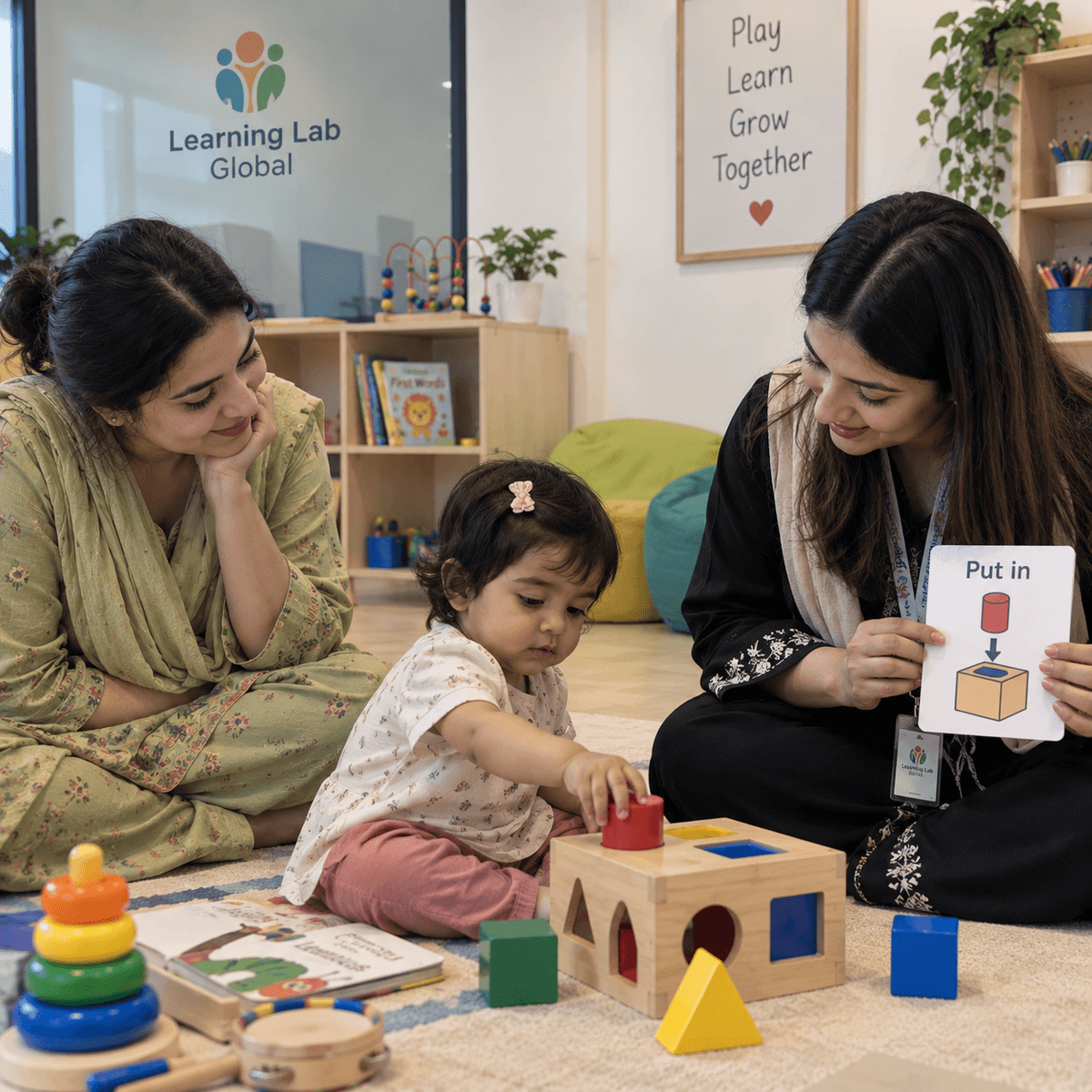Pakistani mother, child and therapist during early intervention consultation and learning session