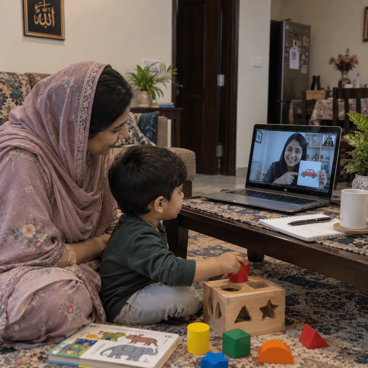 Mother and daughter playing together happily at home with wooden blocks