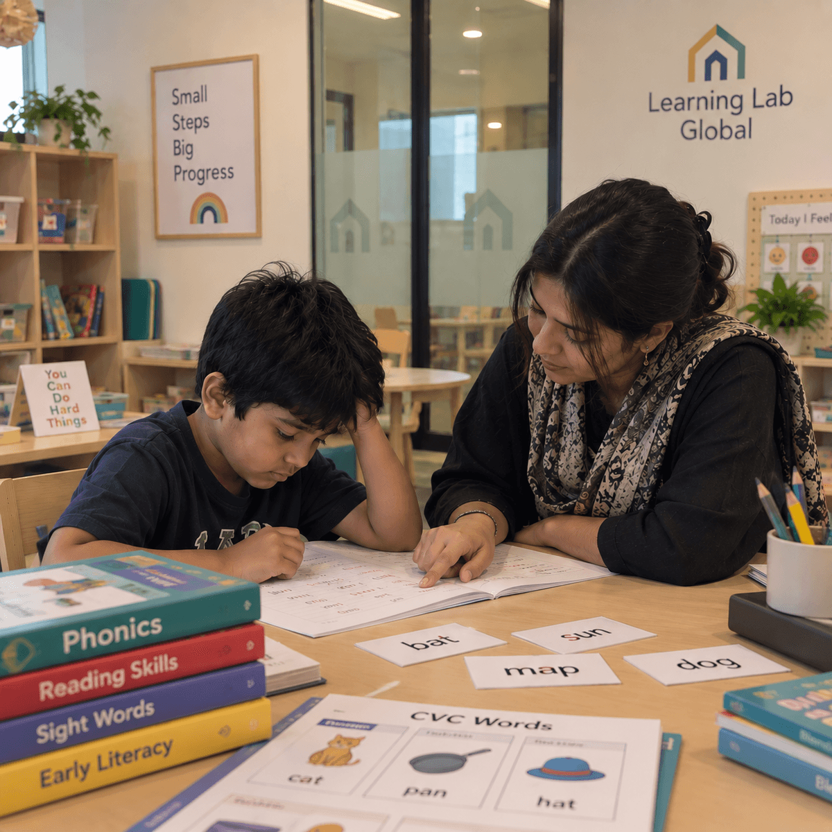 Child arranging magnetic letters and numbers on board