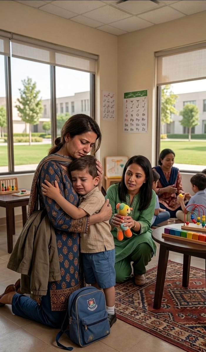 Young girl with teacher at desk doing classroom activity