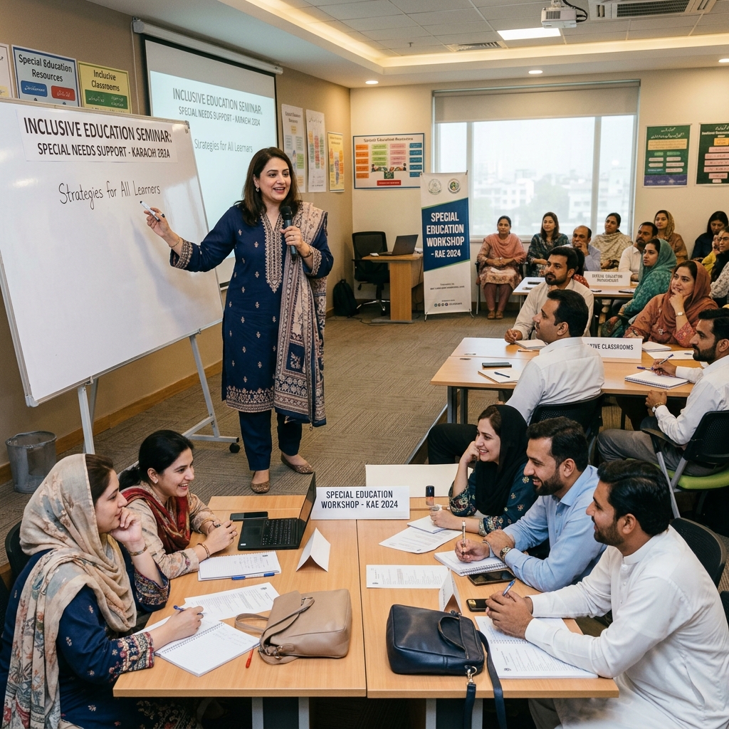 Pakistani instructor conducting professional development teacher training seminar